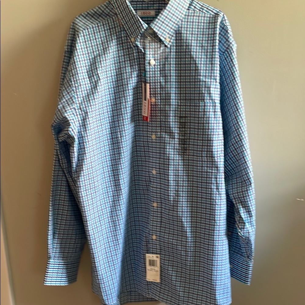 Izod Blue Casual Button Down Shirt with Gingham Pattern Sz 16 - 16.5